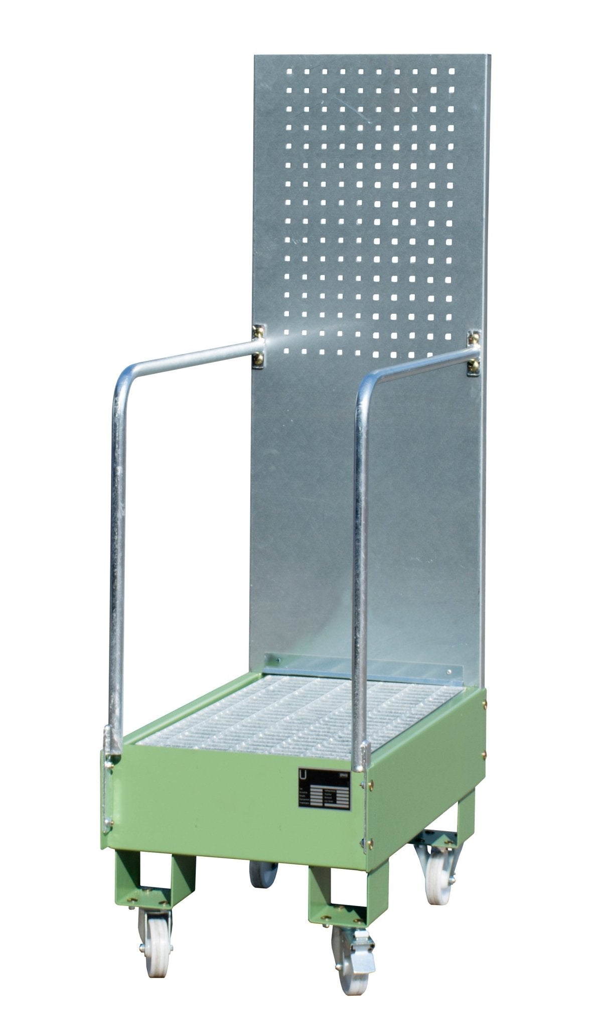 Fahrbare Auffangwanne mit Lochplattenwand LPW 60 - 3, lackiert, Resedagrün - Staplertechnik24 - 4447 - 57 - 0000 - 4