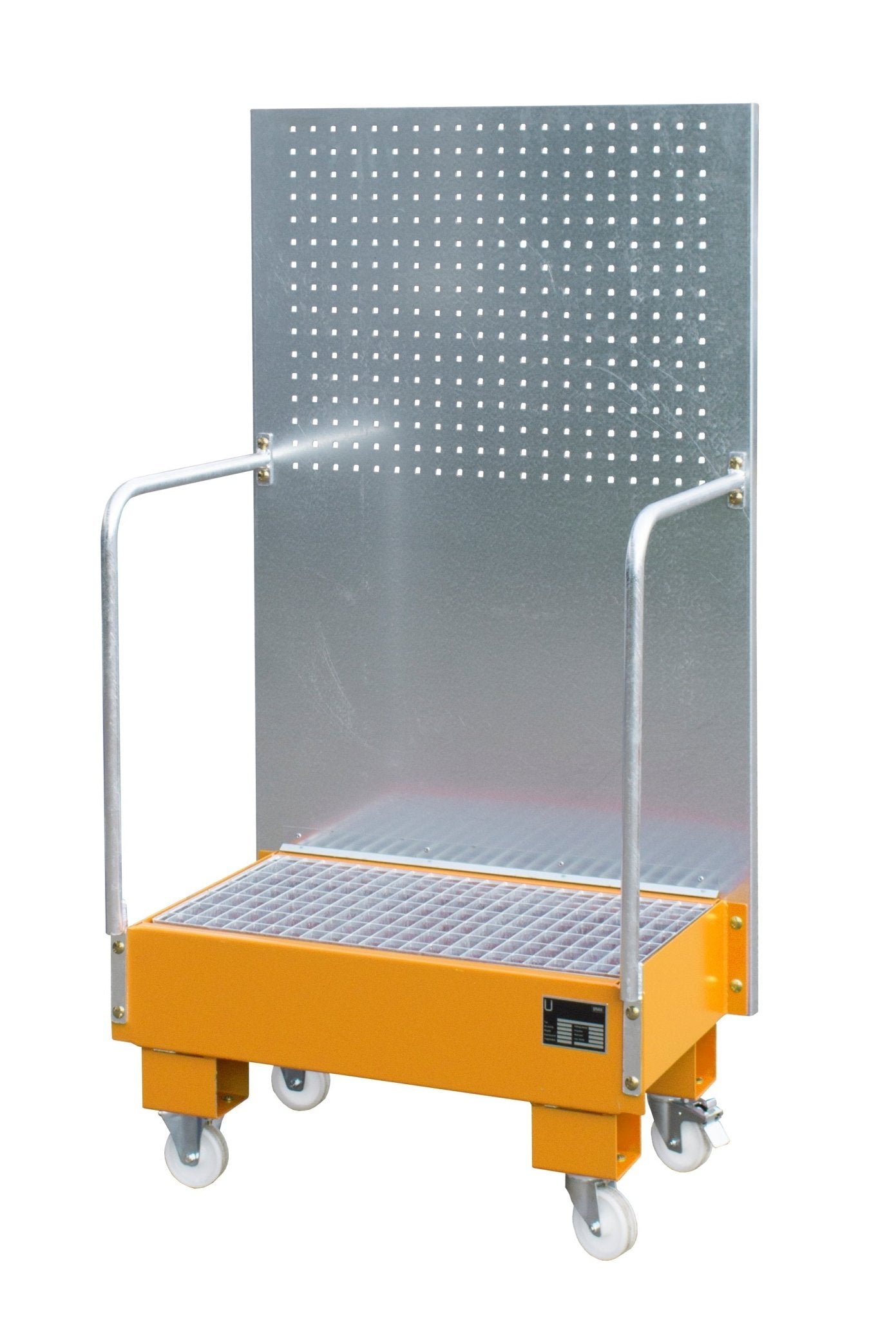 Fahrbare Auffangwanne mit Lochplattenwand LPW 60 - 2, lackiert, Gelborange - Staplertechnik24 - 4447 - 56 - 0000 - 1