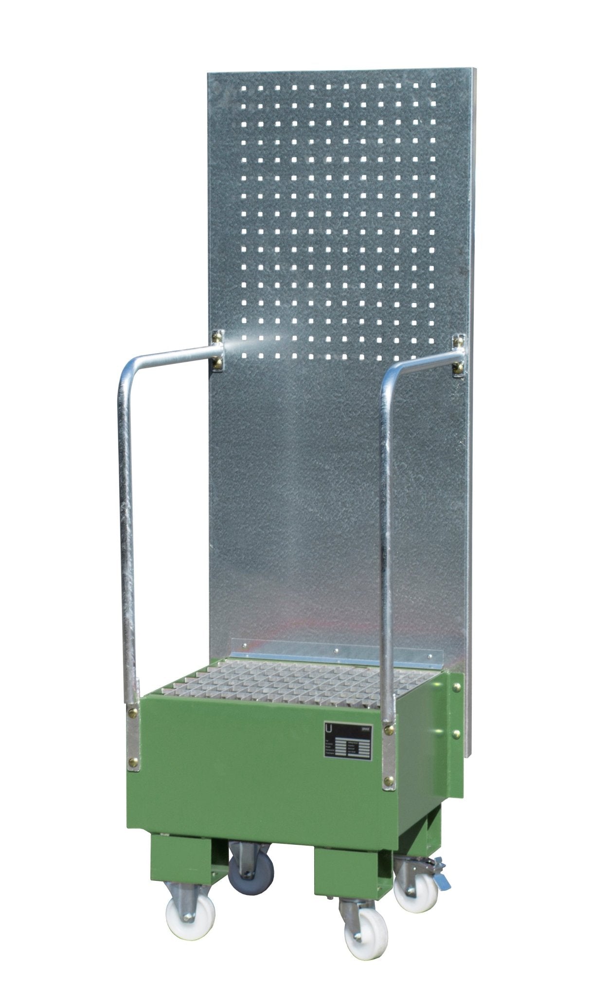 Fahrbare Auffangwanne mit Lochplattenwand LPW 60 - 1, lackiert, Resedagrün - Staplertechnik24 - 4447 - 55 - 0000 - 4