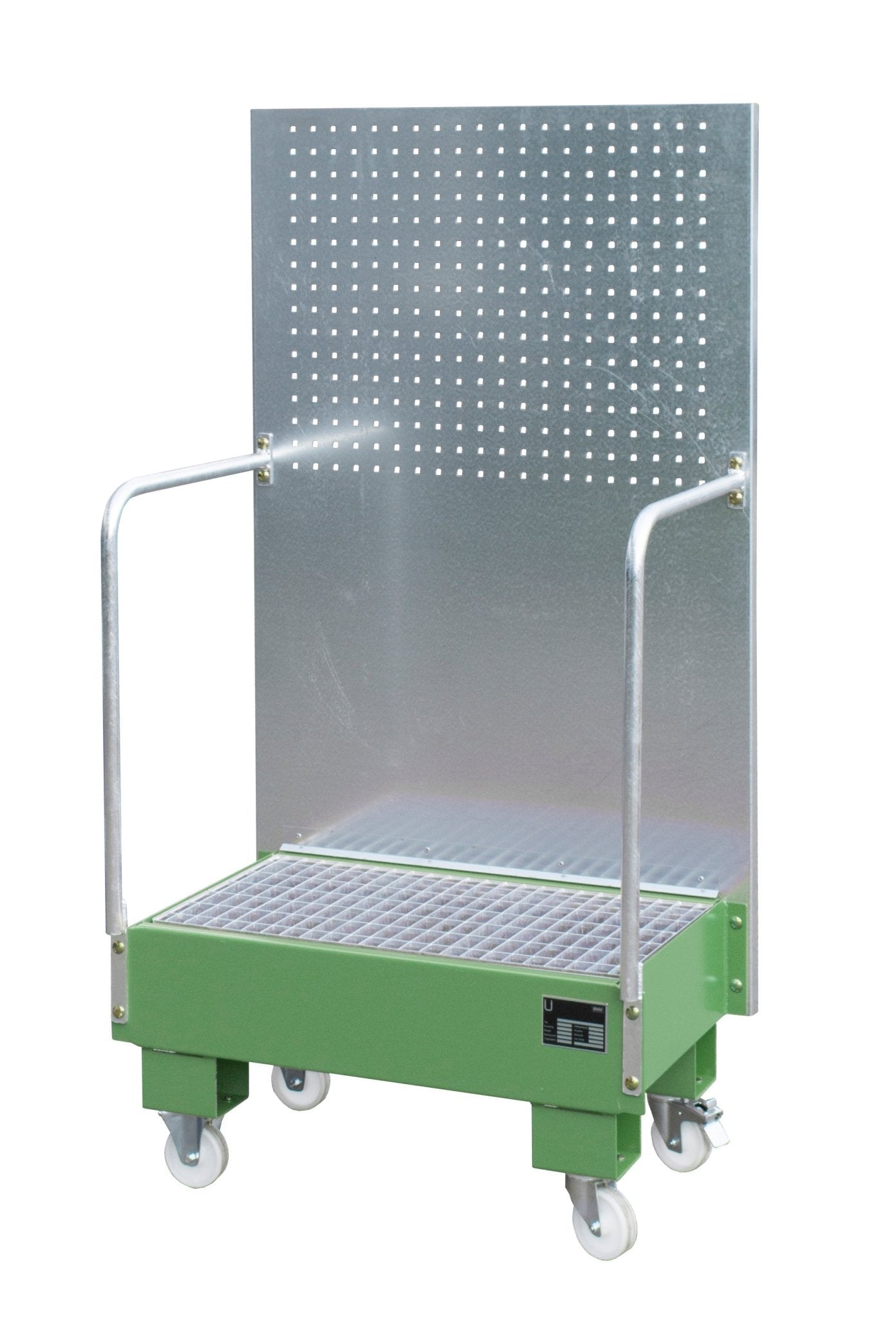 Fahrbare Auffangwanne mit Lochplattenwand LPW 60 - 2, lackiert, Resedagrün - Staplertechnik24 - 4447 - 56 - 0000 - 4