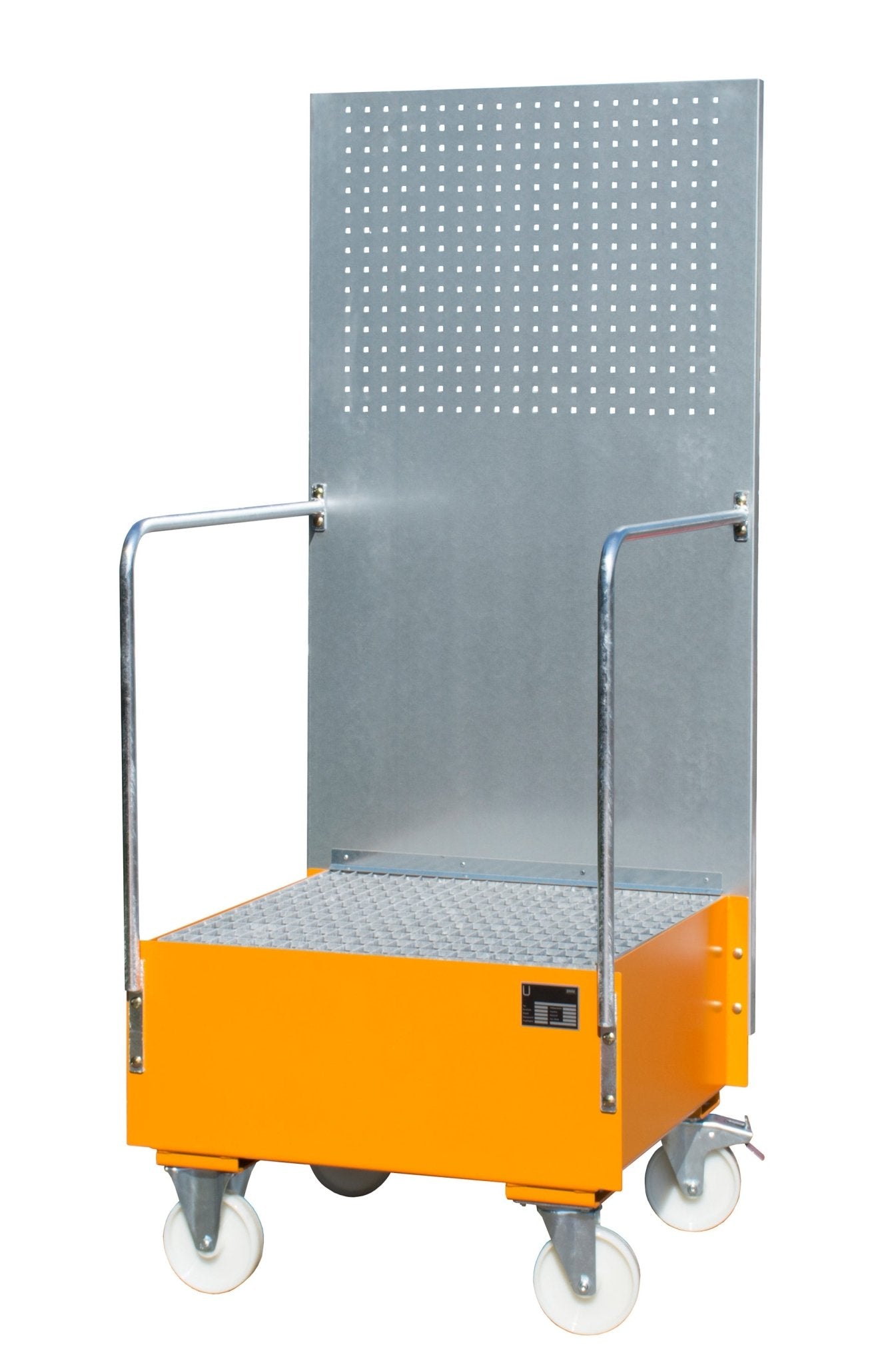 Fahrbare Auffangwanne mit Lochplattenwand LPW 200 - 1, lackiert, Gelborange - Staplertechnik24 - 4447 - 58 - 0000 - 1