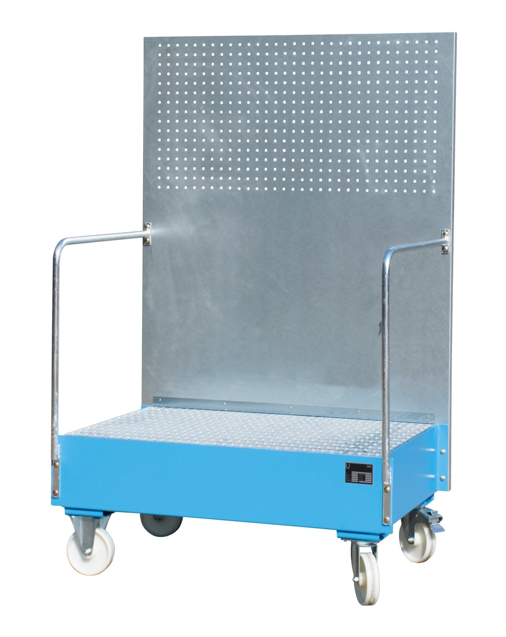Fahrbare Auffangwanne mit Lochplattenwand LPW 200 - 2, lackiert, Lichtblau - Staplertechnik24 - 4447 - 59 - 0000 - 3